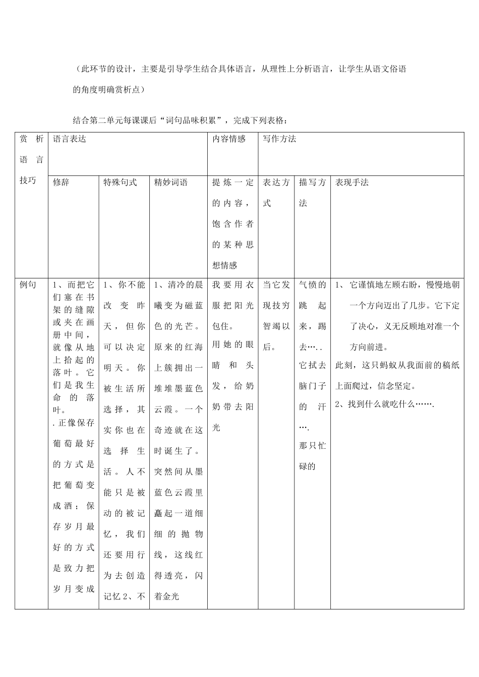 山东升滕州市八年级语文上册 第二单元《理解句子的表达技巧》复习教案 北师大版-北师大版初中八年级上册语文教案_第2页