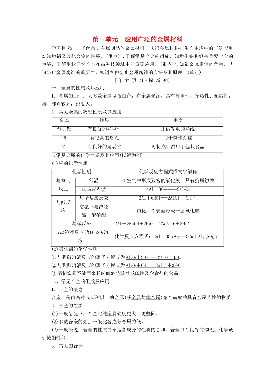 高中化学 专题3 丰富多彩的生活材料 第1单元 应用广泛的金属材料学案 苏教版选修1-苏教版高二选修1化学学案_第1页