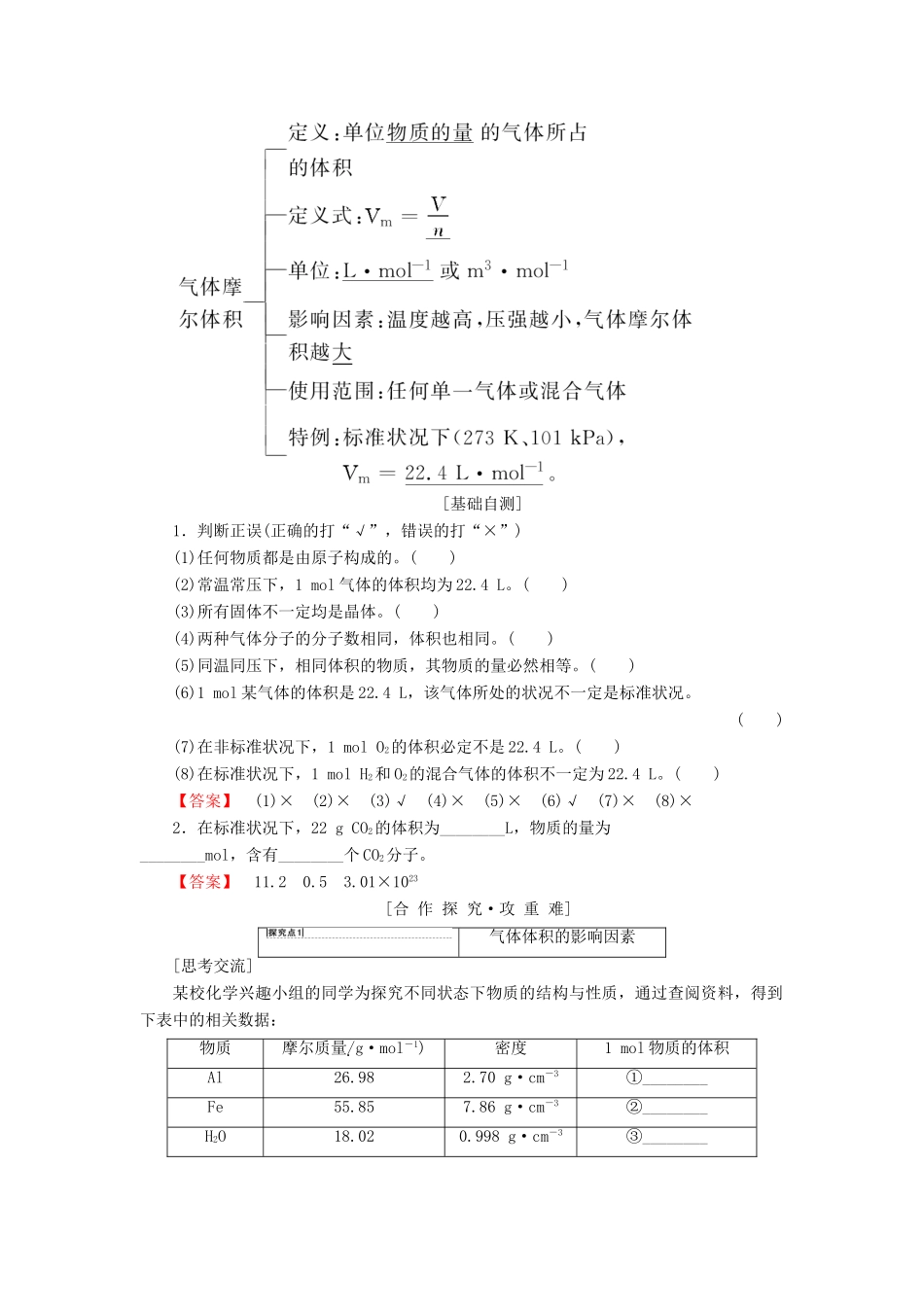 高中化学 专题1 化学家眼中的物质世界 第1单元 丰富多彩的化学物质 第3课时 物质的聚集状态学案 苏教版必修1-苏教版高一必修1化学学案_第2页