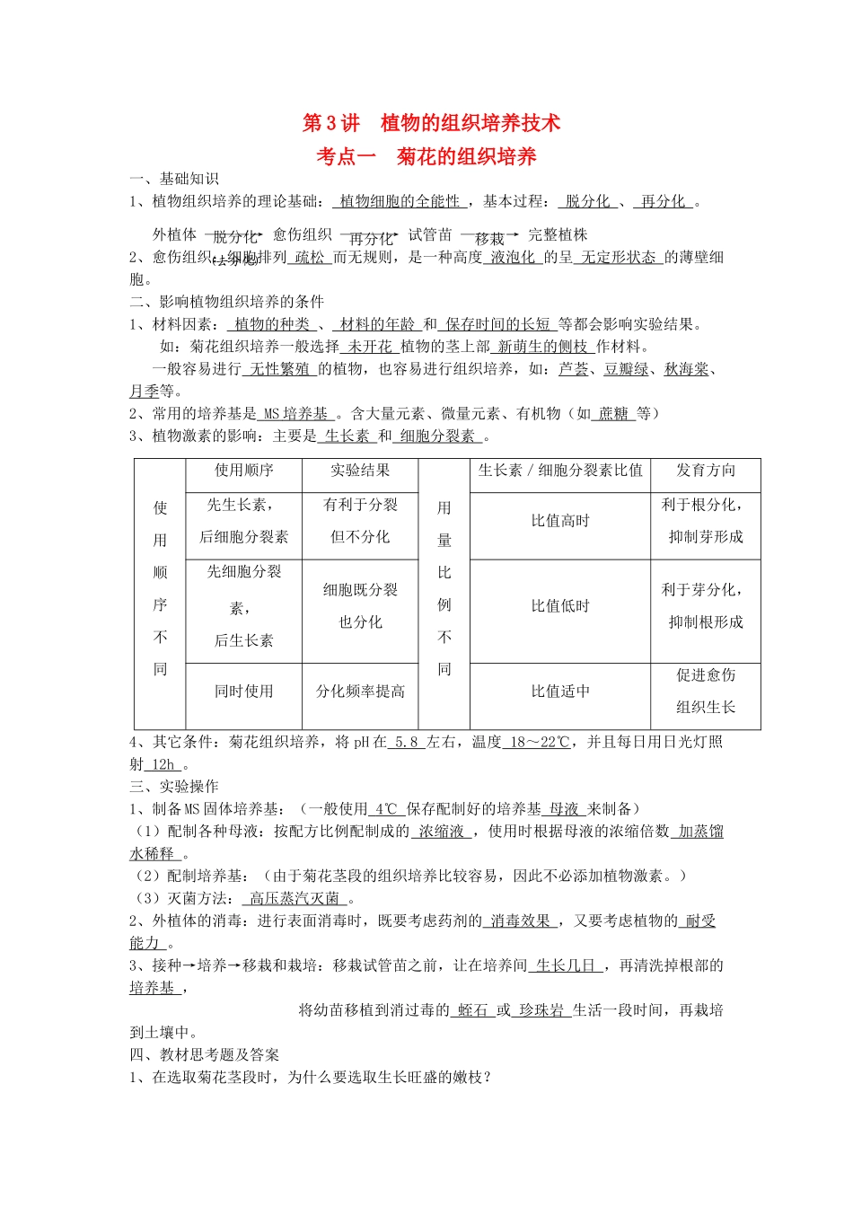 湖南省新田县高三生物二轮复习 专题8 第3讲 植物的组织培养技术学案-人教版高三全册生物学案_第1页