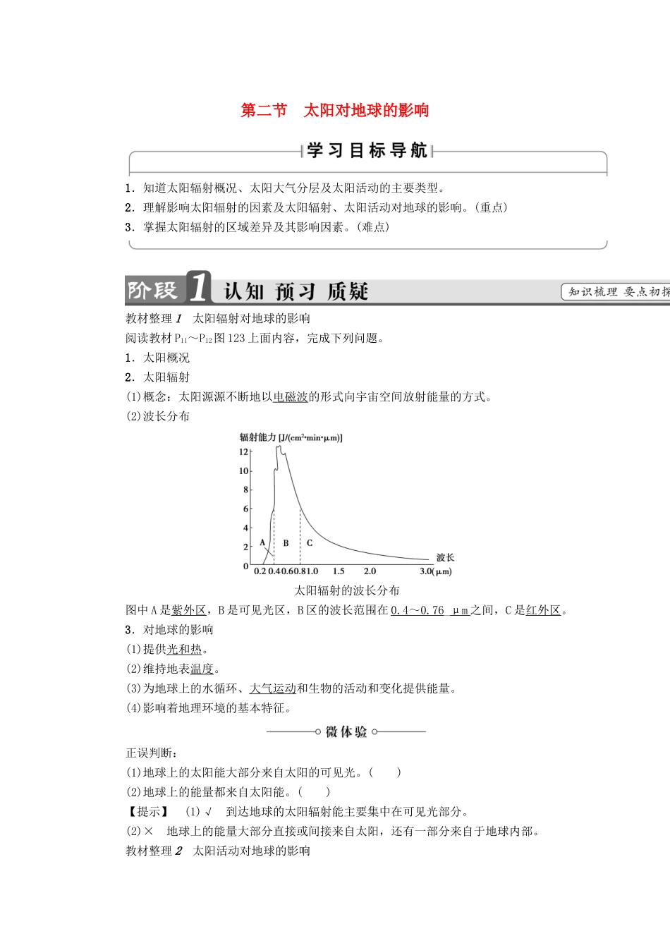 高中地理 第1章 宇宙中的地球 第2节 太阳对地球的影响学案 中图版必修1-中图版高一必修1地理学案_第1页