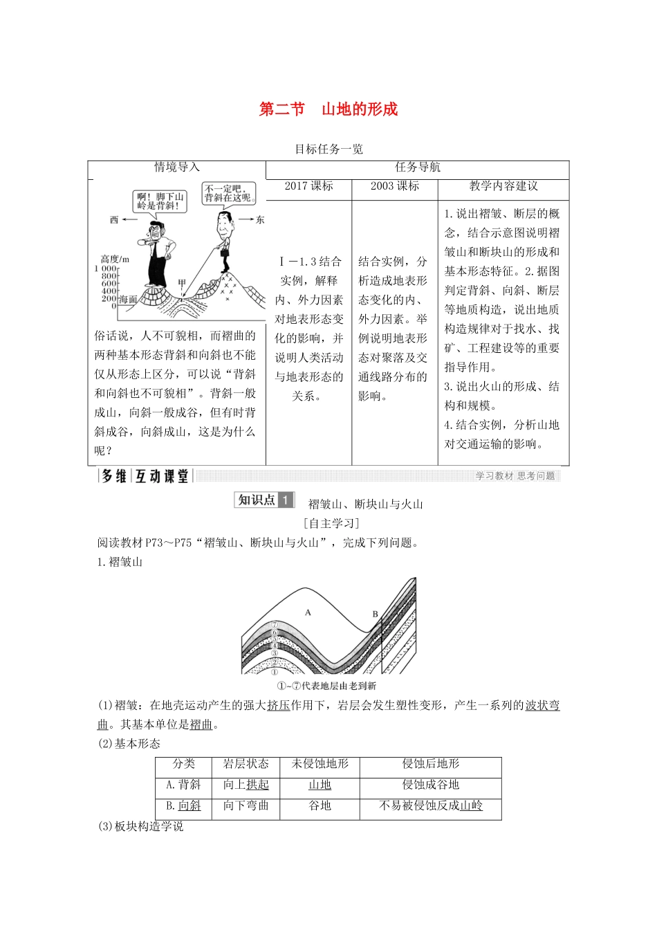 高中地理 第四章 地表形态的塑造 第二节 山地的形成学案 新人教版必修3-新人教版高一必修3地理学案_第1页
