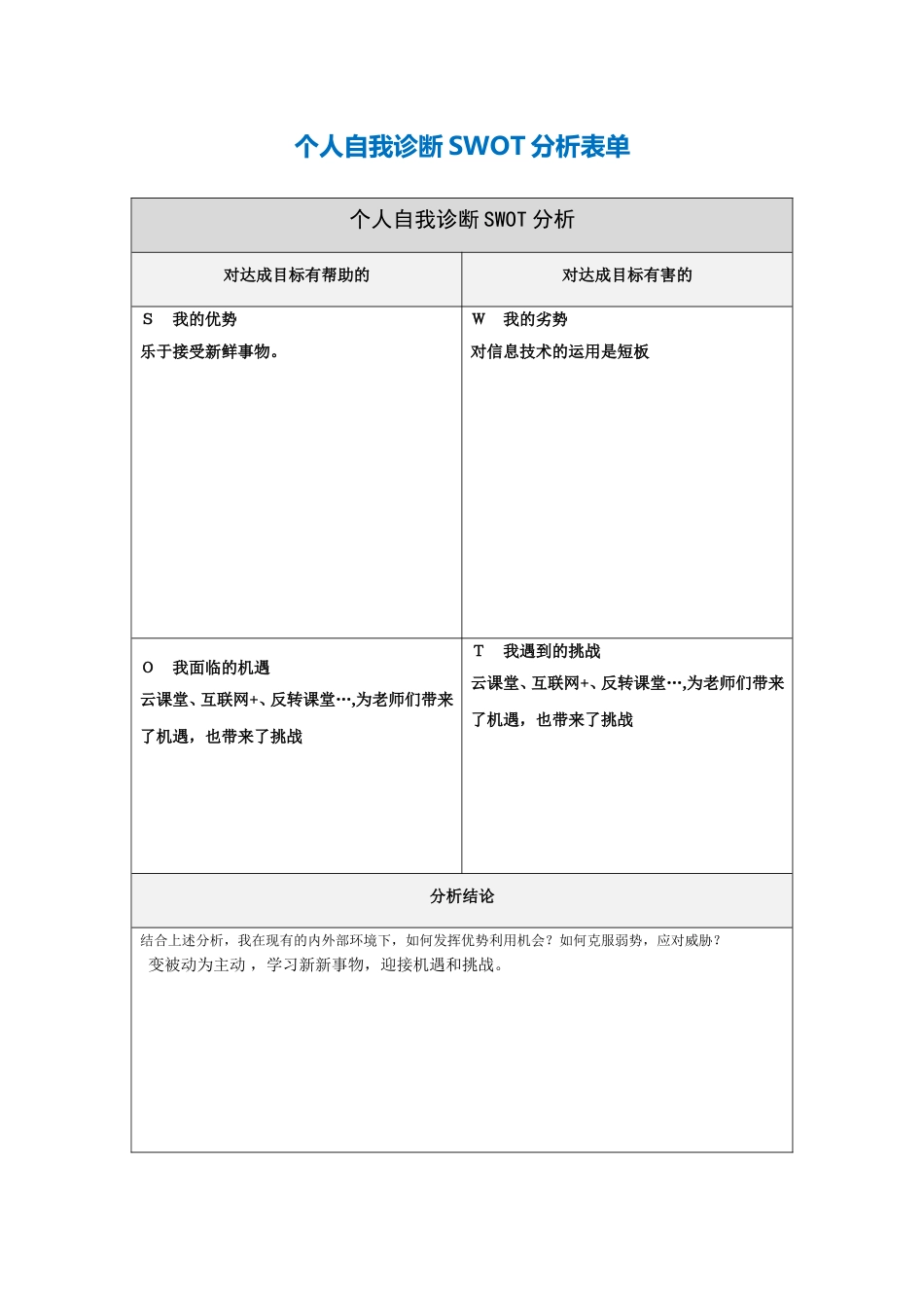 第一步骤所需个人自我诊断SWOT分析表-(1)_第1页