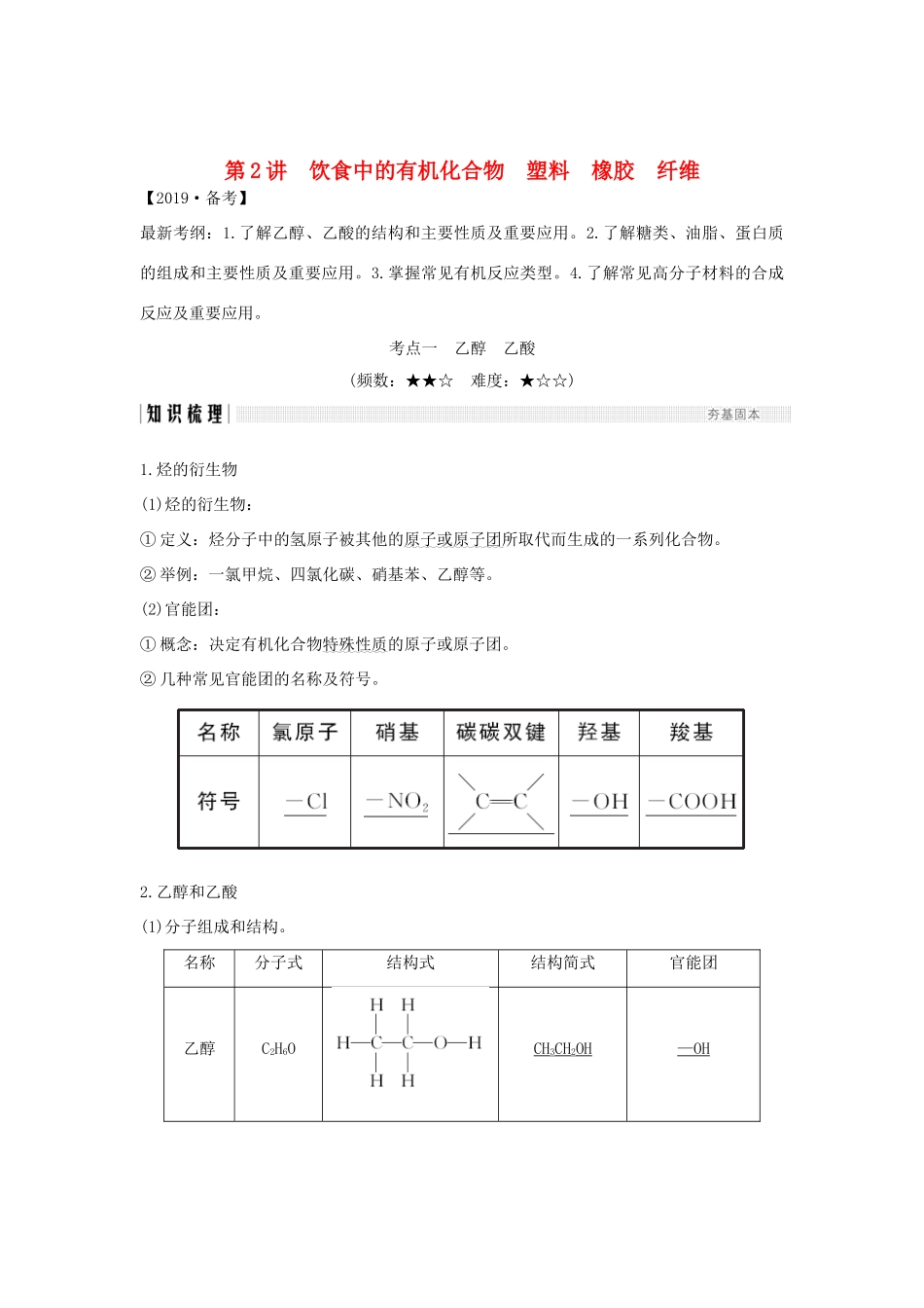 高考化学大一轮复习 第9章 有机化合物 第2讲 饮食中的有机化合物 塑料 橡胶 纤维学案 鲁科版-鲁科版高三全册化学学案_第1页