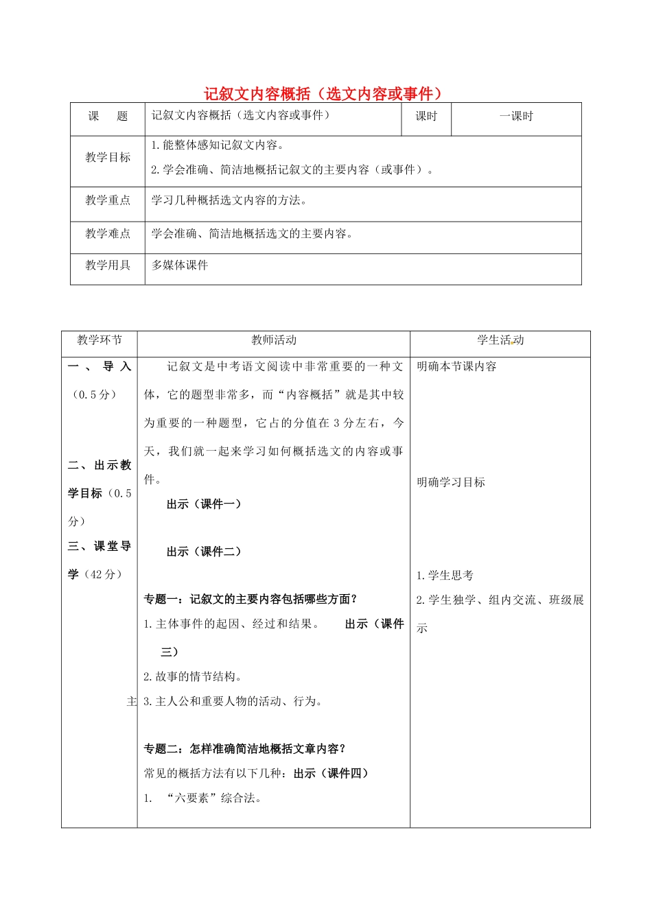 辽宁省恒仁满族自治县中考语文专题复习 记叙文 记叙文内容概括（内容或事件）教案-人教版初中九年级全册语文教案_第1页