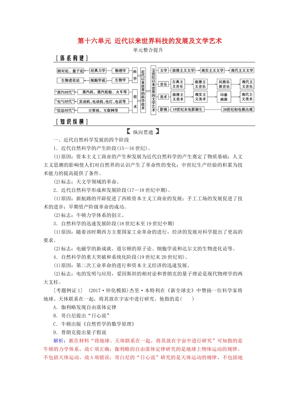 高考历史总复习 第十六单元 近代以来世界科技的发展及文学艺术单元整合提升学案-人教版高三全册历史学案_第1页