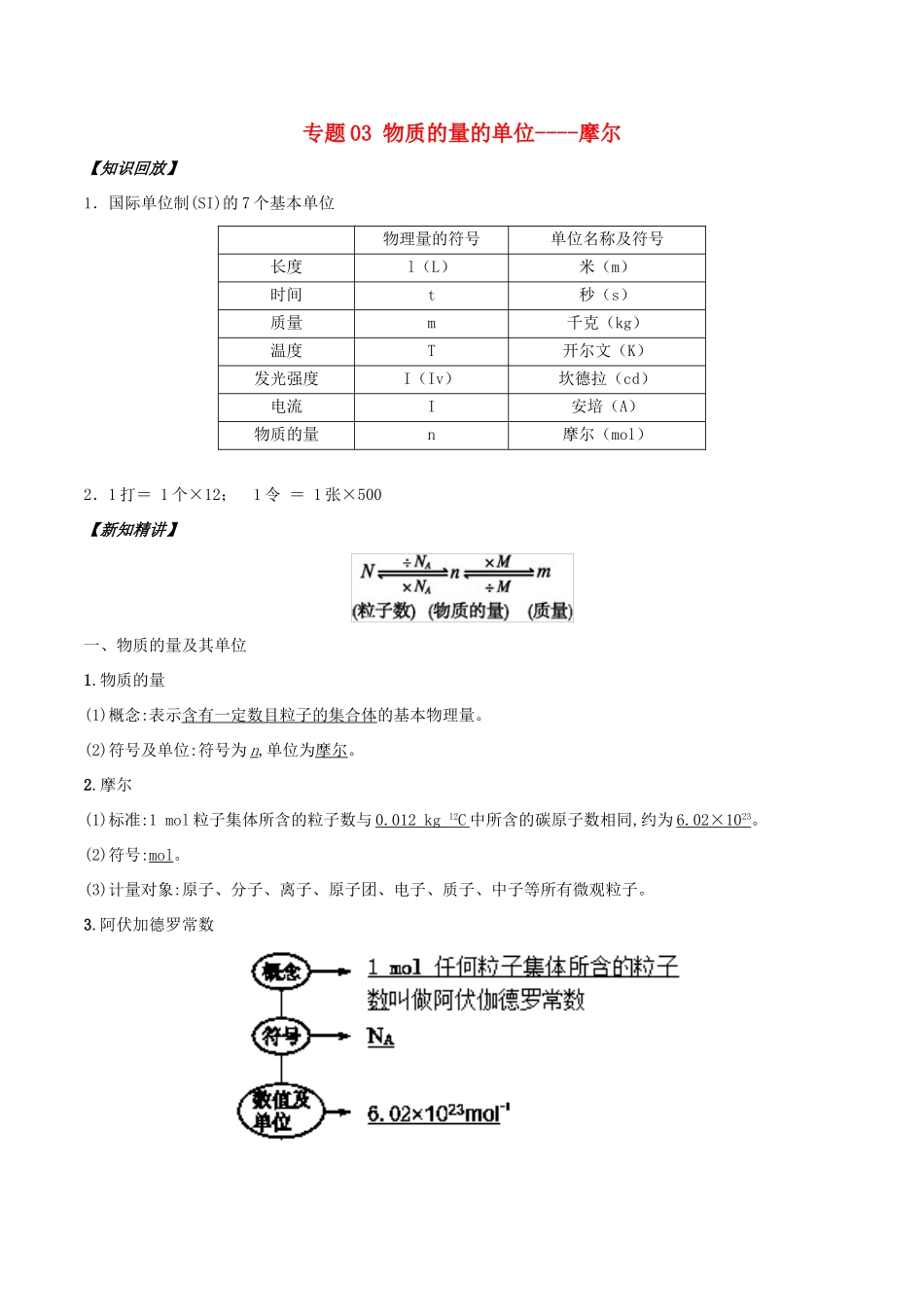 高中化学 初高中衔接 专题03 物质的量的单位——摩尔学案-人教版高一全册化学学案_第1页