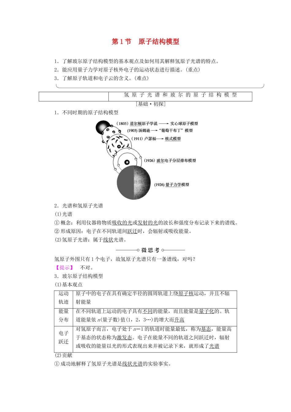 高中化学 第1章 原子结构 第1节 原子结构模型学案 鲁科版选修3-鲁科版高二选修3化学学案_第1页