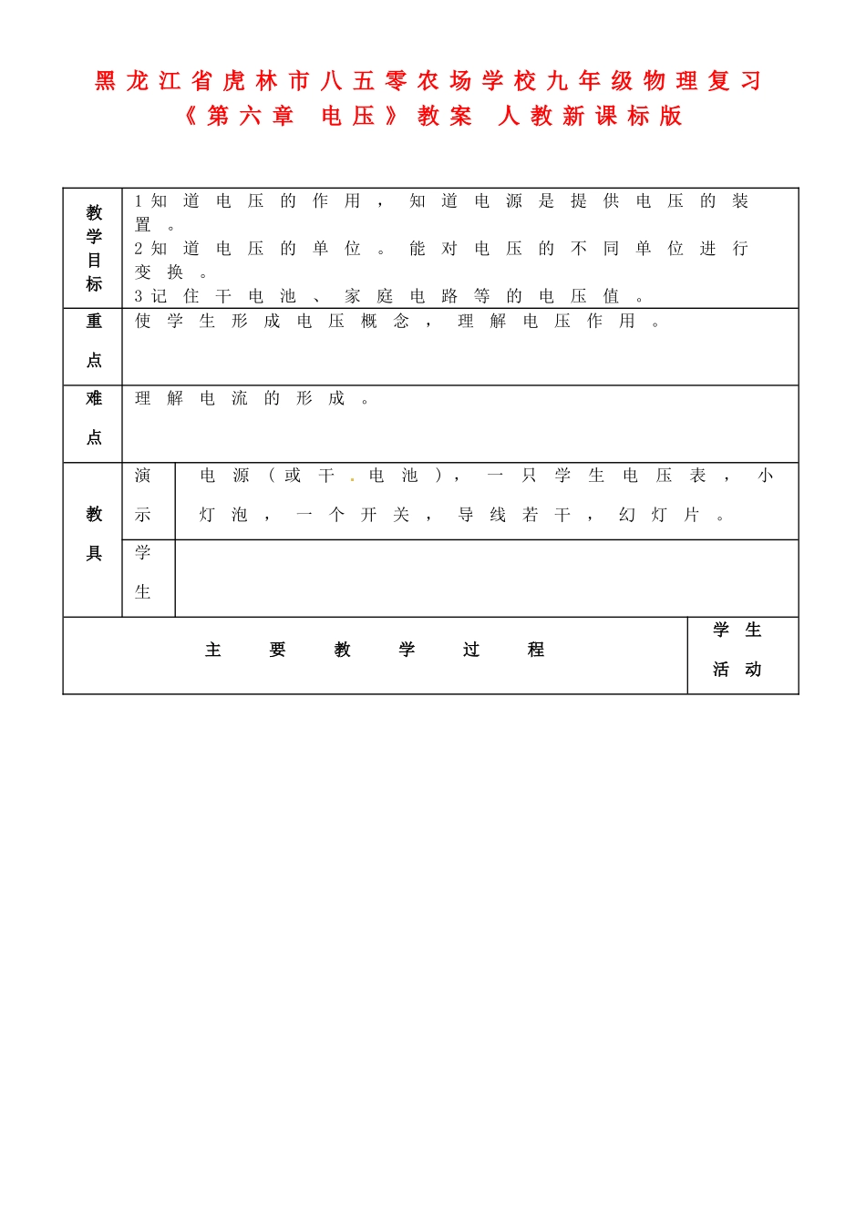 黑龙江省虎林市八五零农场学校九年级物理复习《第六章 电压》教案 人教新课标版_第1页