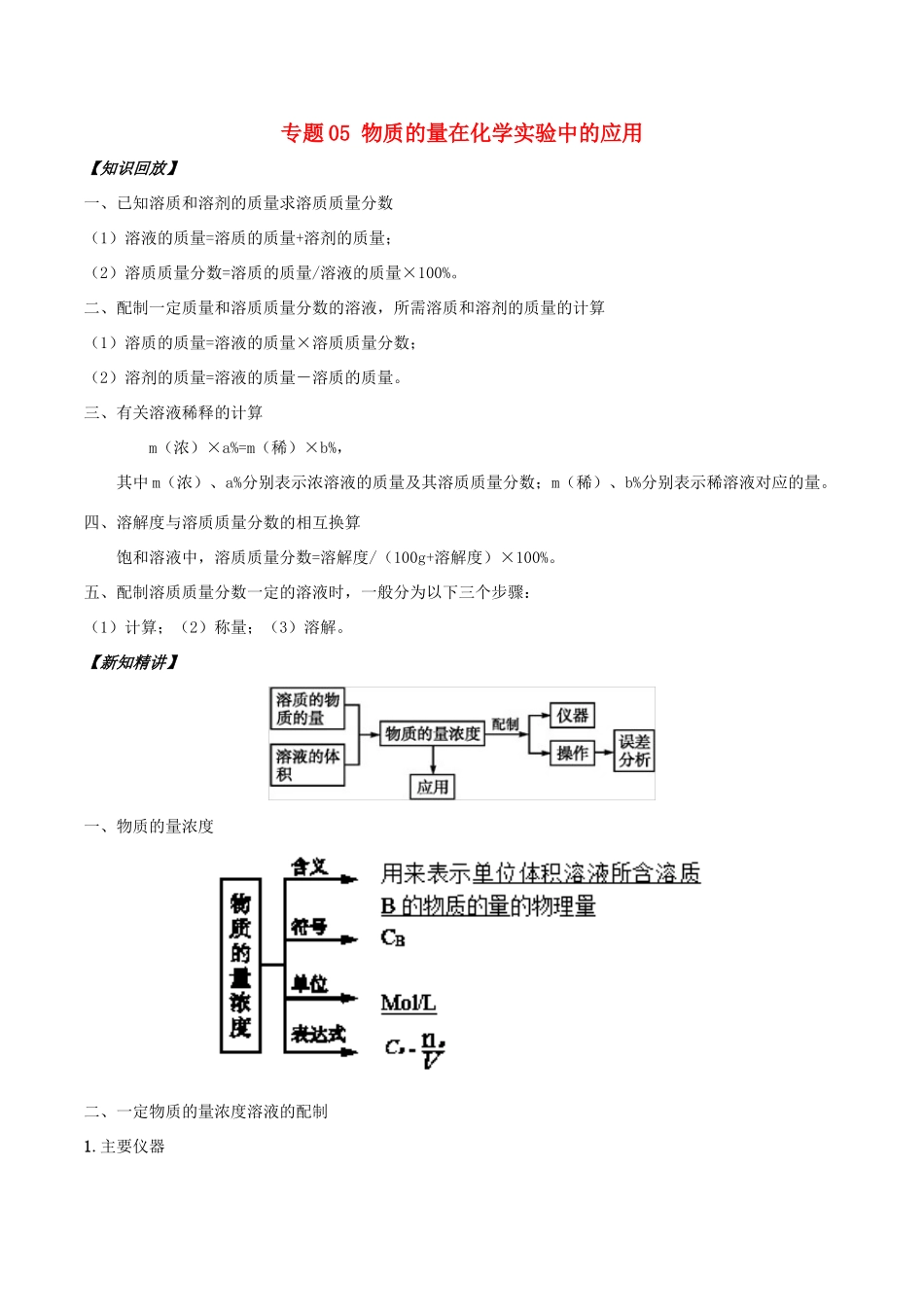 高中化学 初高中衔接 专题05 物质的量在化学实验中的应用学案-人教版高一全册化学学案_第1页