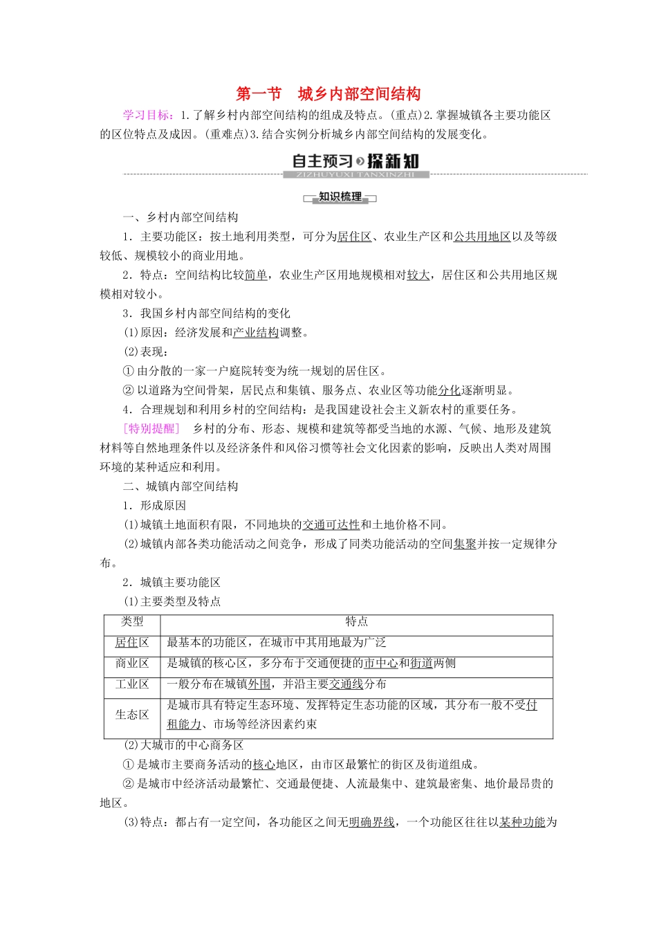 高中地理 第2单元 乡村与城镇 第1节 城乡内部空间结构学案 鲁教版必修第二册-鲁教版高一第二册地理学案_第1页