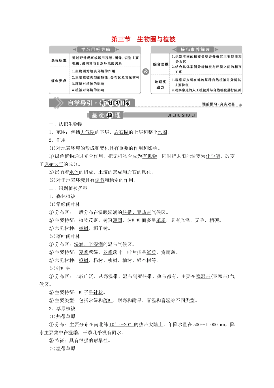 高中地理 第二单元 从地球圈层看地表环境 2.3 生物圈与植被学案 鲁教版必修第一册-鲁教版高一第一册地理学案_第1页