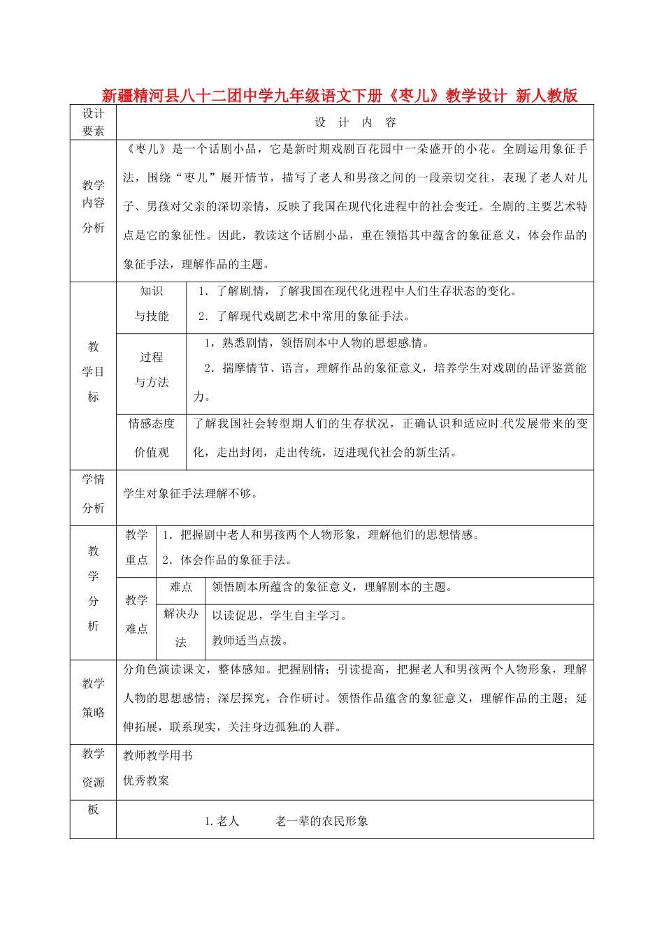 新疆精河县八十二团中学九年级语文下册《枣儿》教学设计 新人教版_第1页
