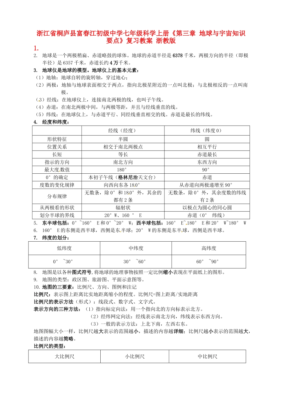浙江省桐庐县富春江初级中学七年级科学上册《第三章 地球与宇宙知识要点》复习教案 浙教版_第1页