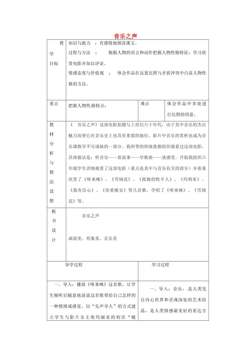 九年级语文下册《16 音乐之声》教学设计 新人教版-新人教版初中九年级下册语文教案_第1页