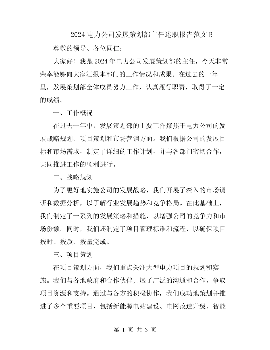 2024电力公司发展策划部主任述职报告范文B_第1页