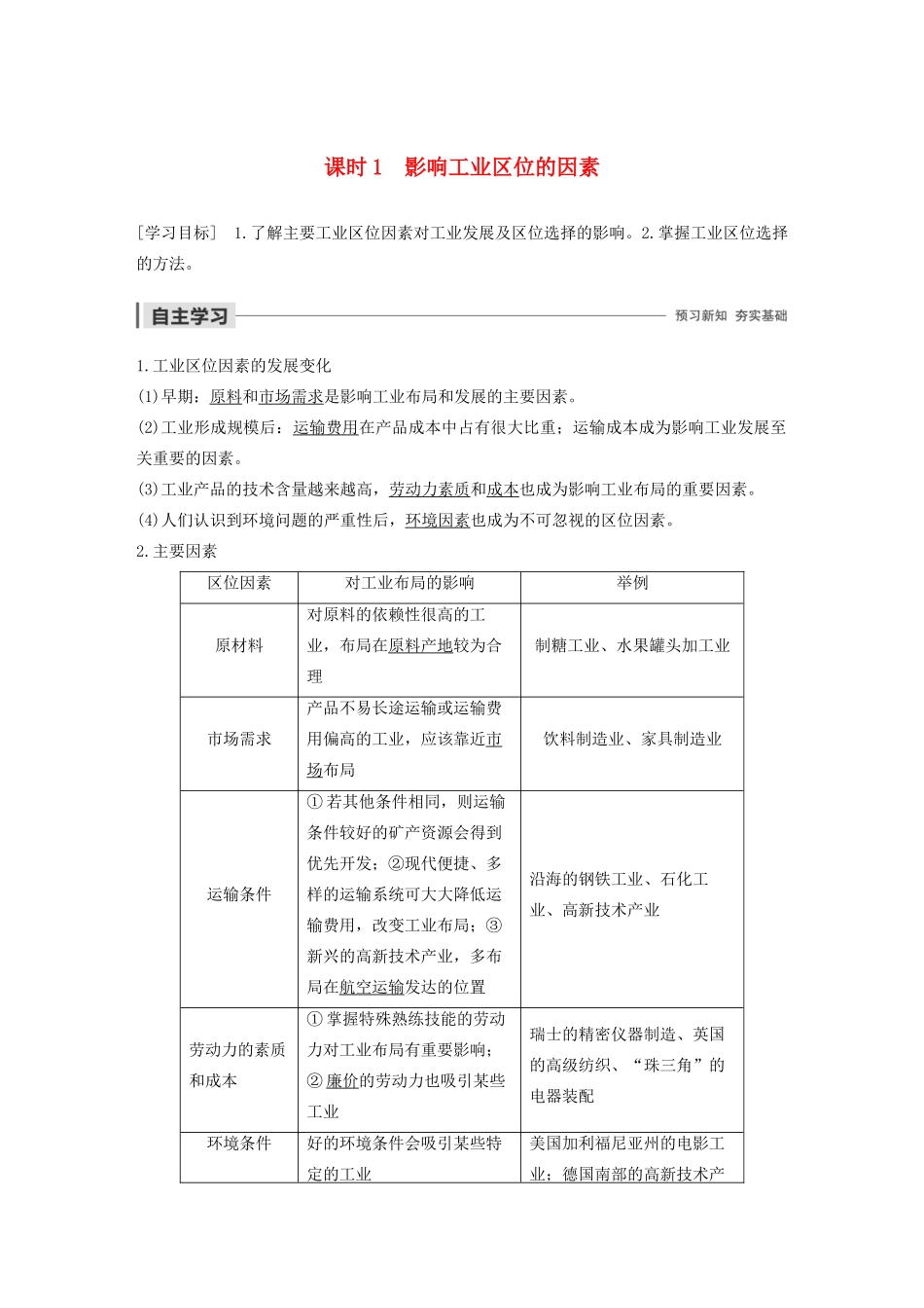 高中地理 第3章 生产活动与地域联系 第二节 工业区位 课时1 影响工业区位的因素导学案 中图版必修2-中图版高一必修2地理学案_第1页