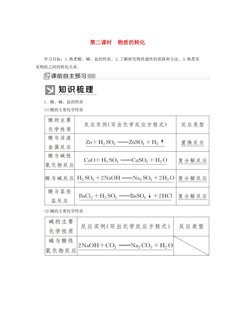 高中化学 第一章 物质及其变化 第一节 物质的分类及转化 第二课时 物质的转化学案 新人教版必修第一册-新人教版高一第一册化学学案_第1页