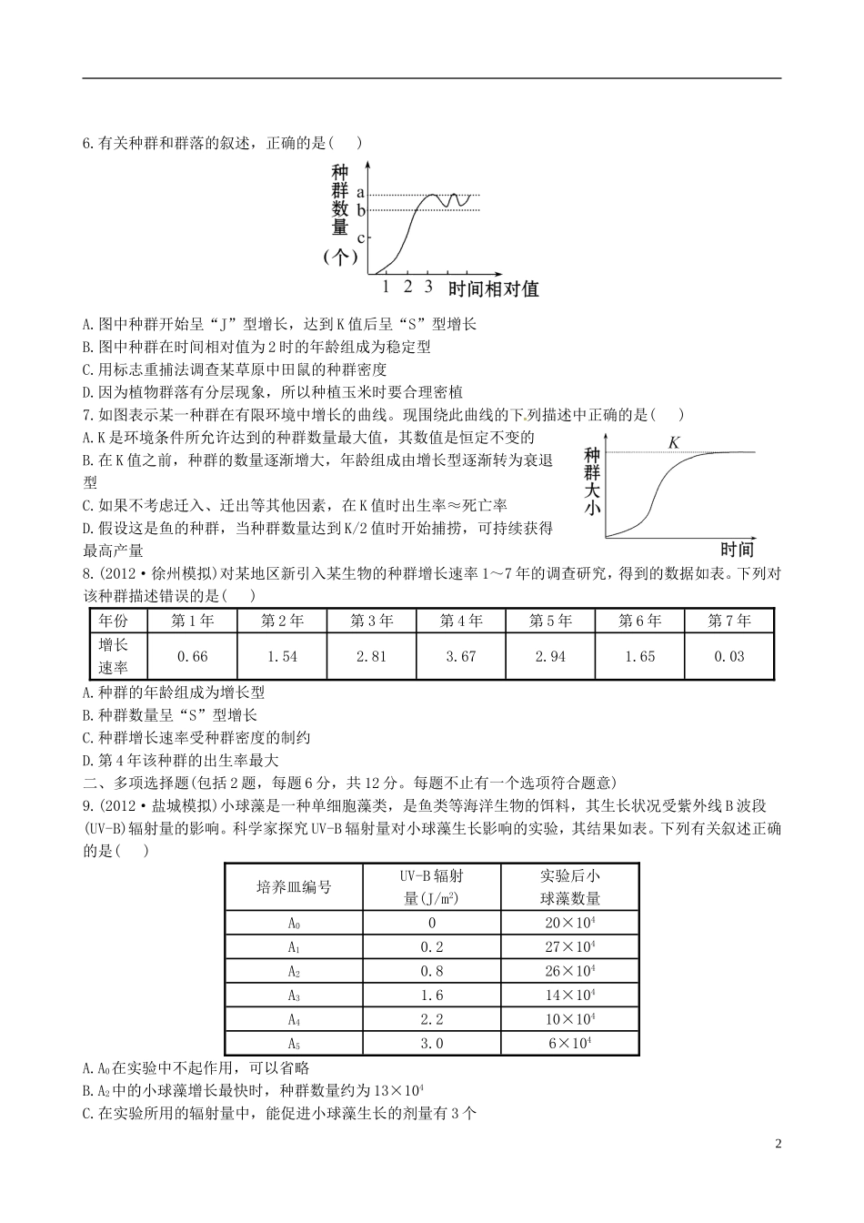 【全程复习方略】(江苏专用)2013版高中生物-4.1、2种群的特征-种群数量的变化课时提能演练-新人教版必修3_第2页