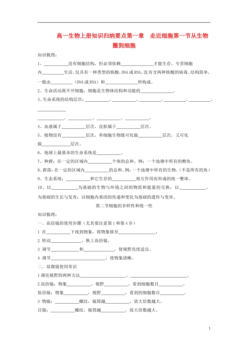 河北省邯郸四中高一生物《知识点归纳填空》学案_第1页