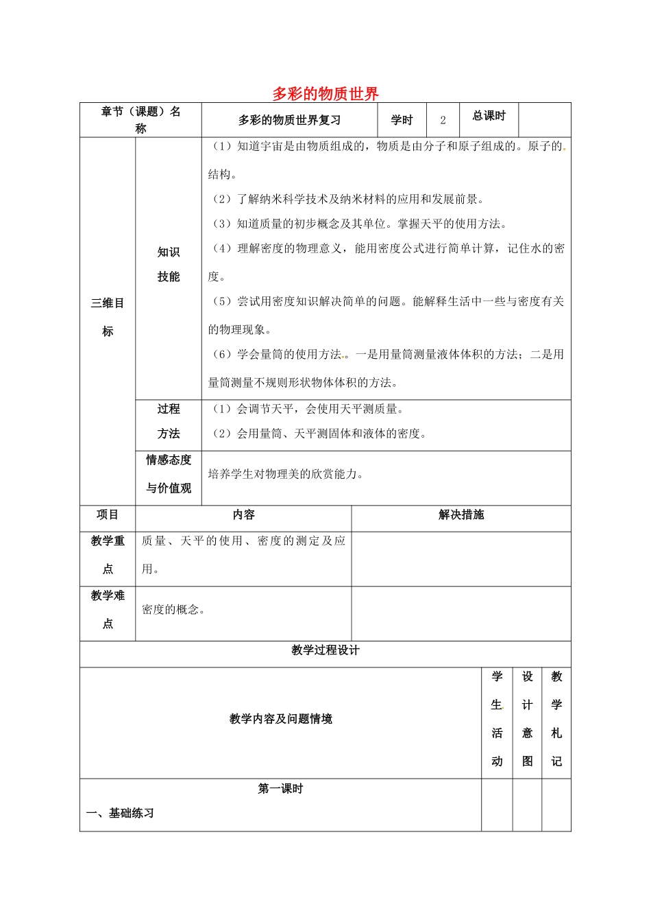 甘肃省武威市中考物理 多彩的物质世界复习教案-人教版初中九年级全册物理教案_第1页