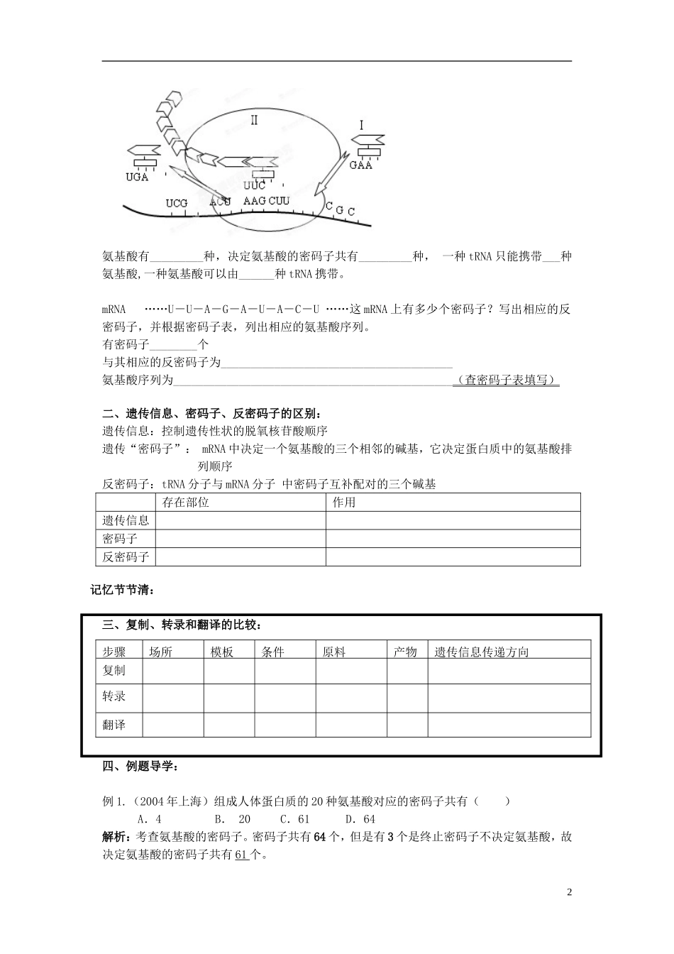 湖南省怀化市湖天中学高中生物 4.1 基因指导蛋白质的的合成（第2课时）教学案 新人教版必修2_第2页