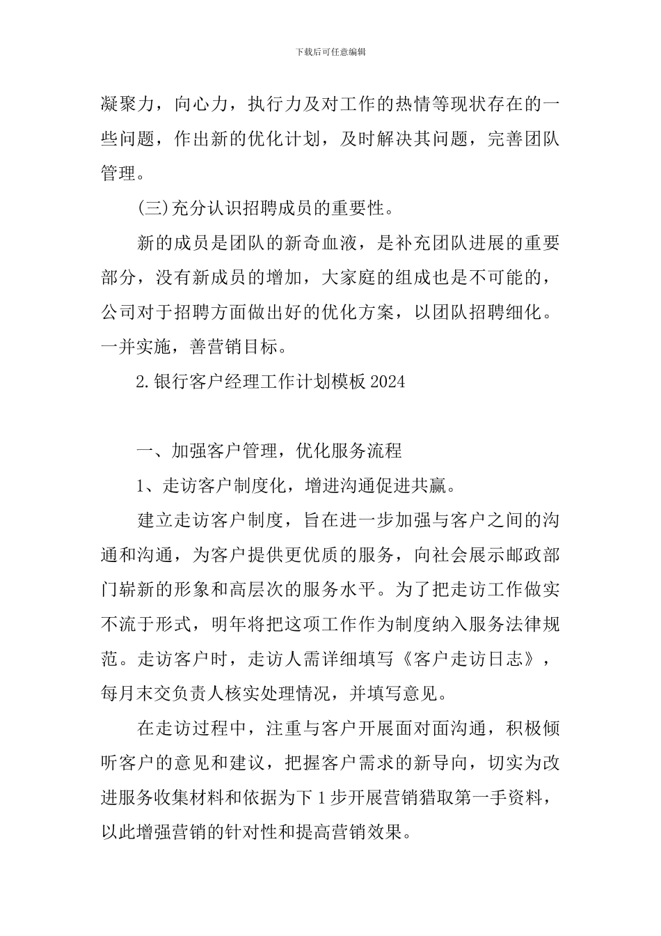 银行客户经理工作计划模板2024_第2页