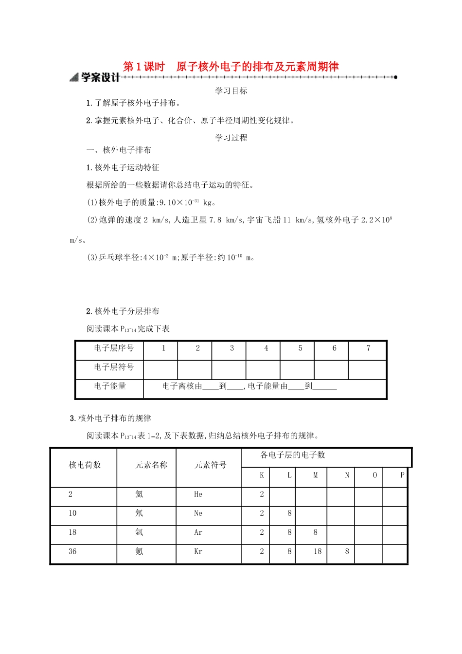 高中化学 第一章 物质结构 元素周期律 1.2.1 元素周期律学案 新人教版必修2-新人教版高一必修2化学学案_第1页