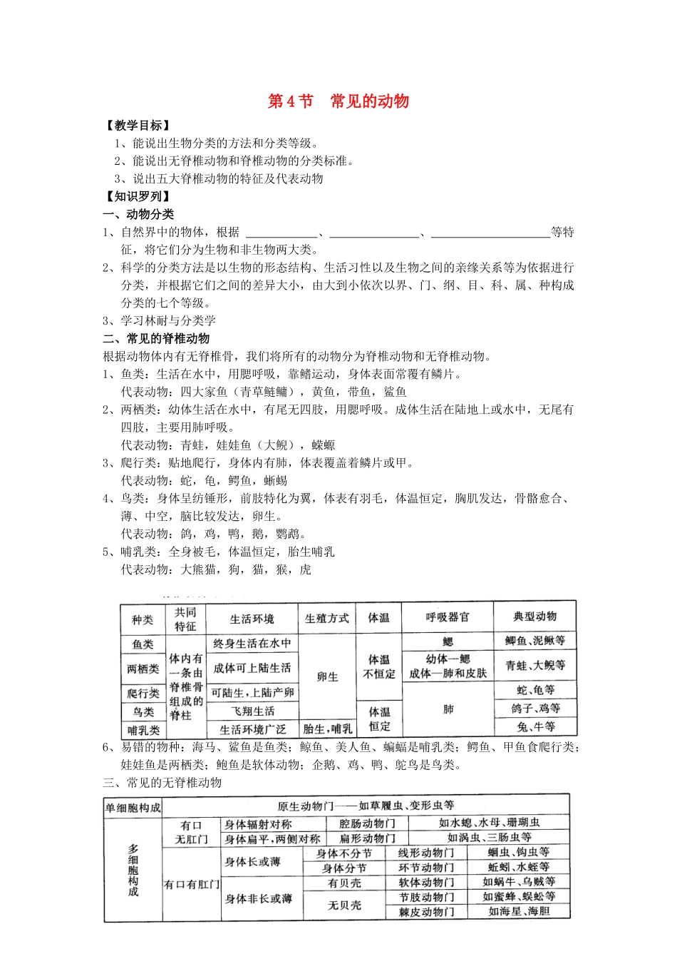 秋七年级科学上册 2.4《常见的动物》教案 浙教版-浙教版初中七年级上册自然科学教案_第1页