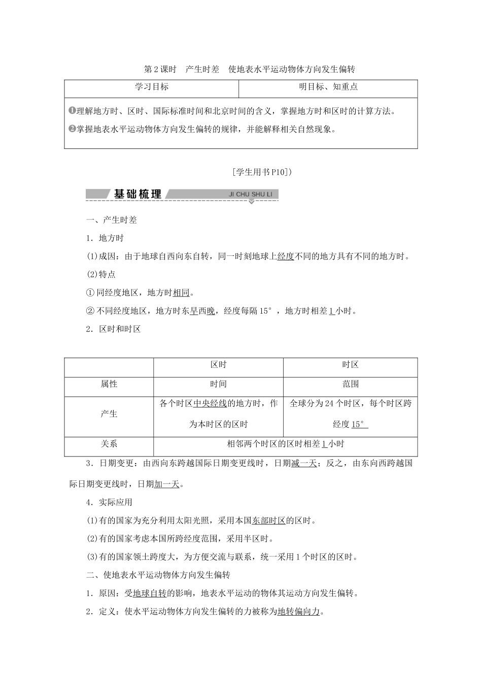 高中地理 第一单元 从宇宙看地球 第二节 地球自转的地理意义 第2课时 产生时差使地表水平运动物体方向发生偏转学案 鲁教版必修1-鲁教版高一必修1地理学案_第1页