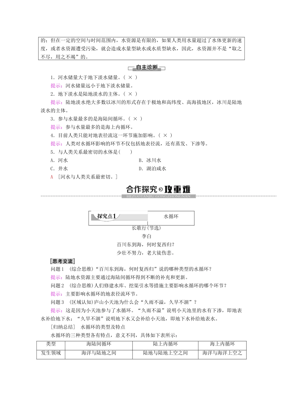 高中地理 第2单元 从地球圈层看地理环境 第3节 水圈和水循环 第1课时 水圈的组成 水循环及其地理意义学案 鲁教版必修1-鲁教版高一必修1地理学案_第2页