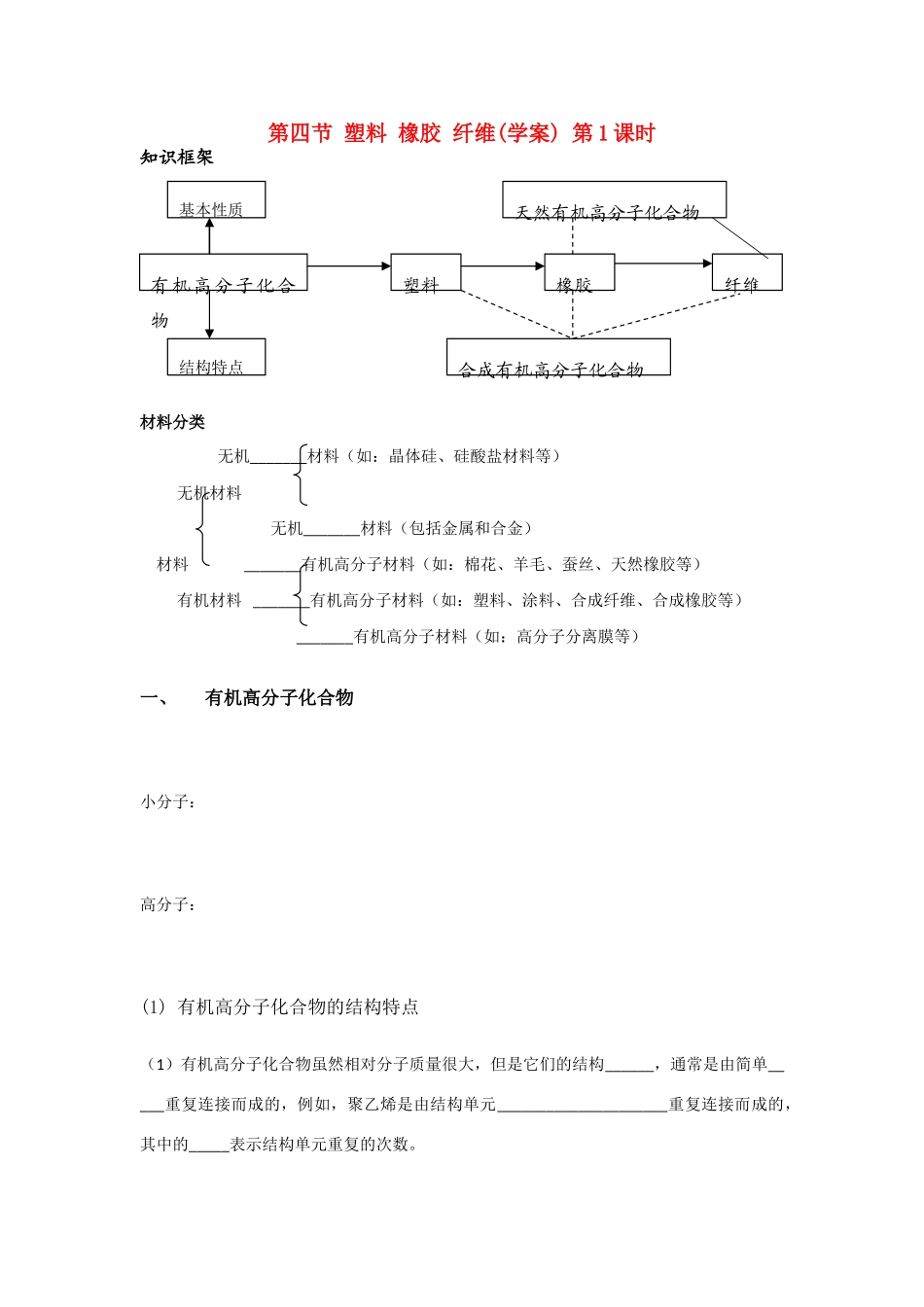 高中化学：第四节 塑料 橡胶 纤维 学案 鲁科版必修2_第1页