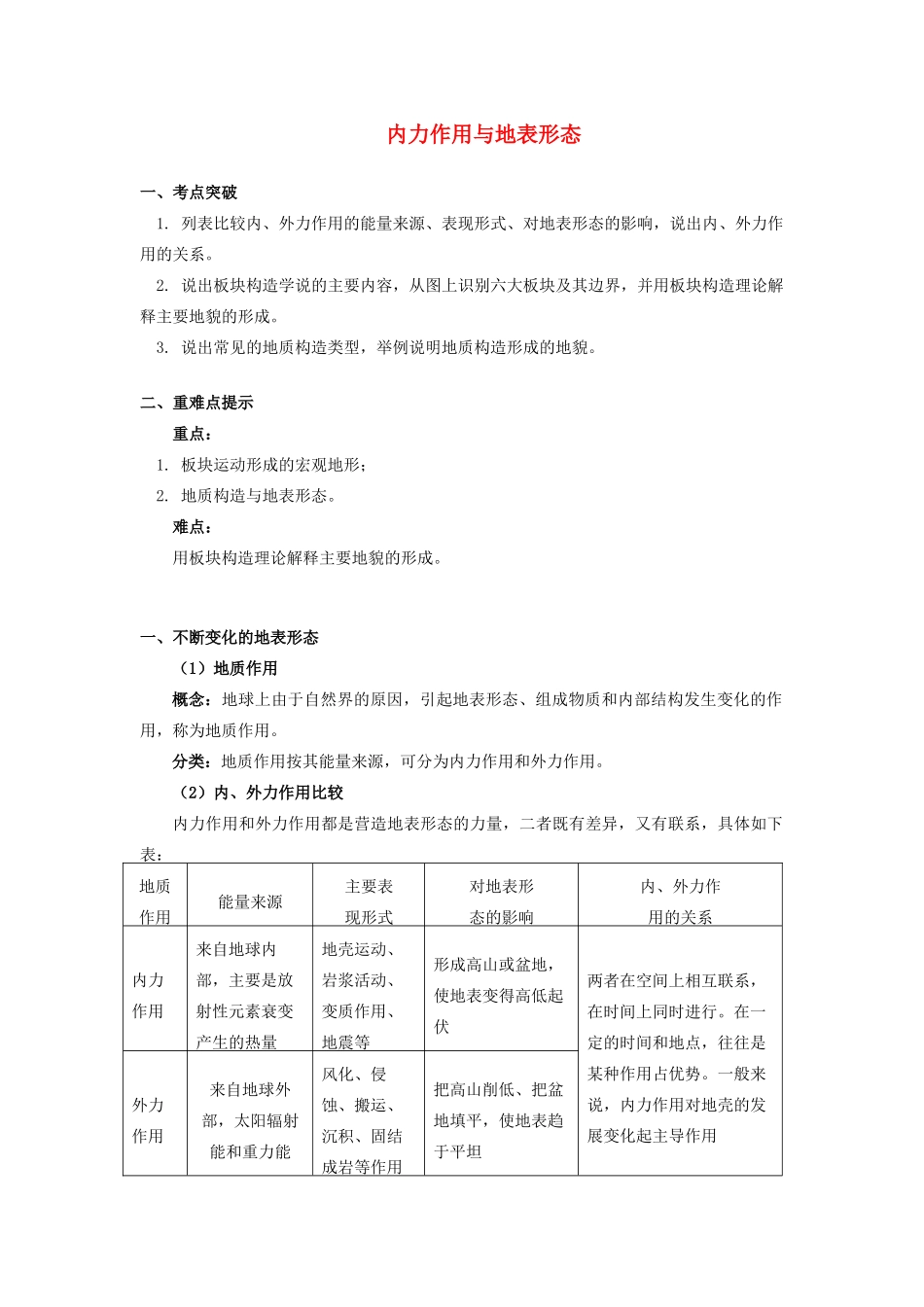 高中地理 第二章 自然环境中的物质运动和能量交换 第二节 地球表面形态 内力作用与地表形态学案 湘教版必修1-湘教版高一必修1地理学案_第1页