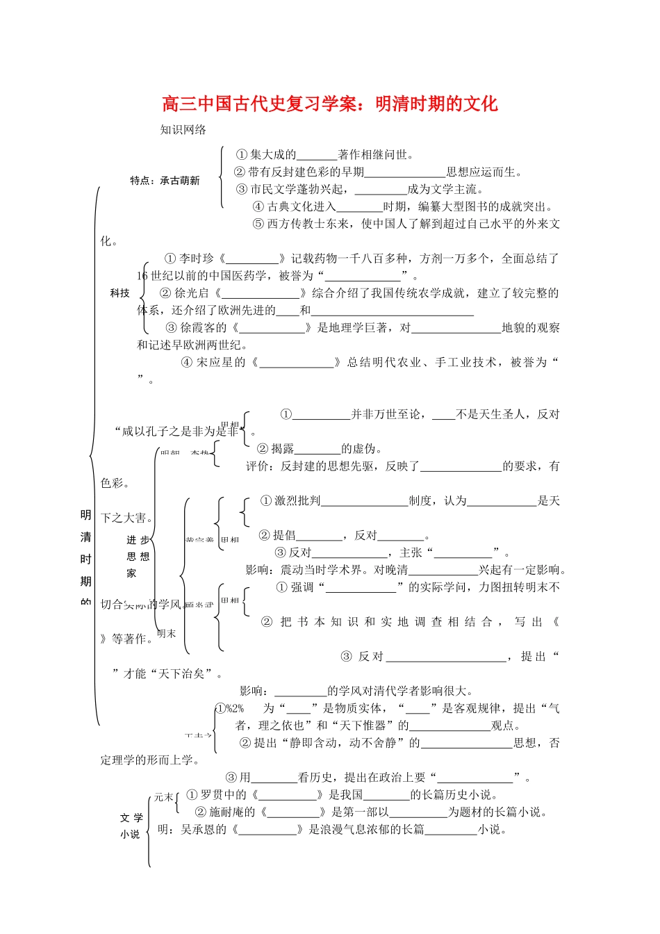 高三历史中国古代史复习学案：6.7  明清时期的文化 旧人教版_第1页