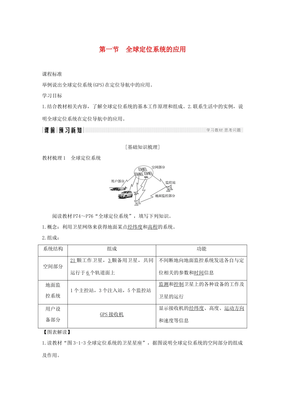 高中地理 第三章 地理信息技术的应用 第一节 全球定位系统的应用学案 中图版必修3-中图版高一必修3地理学案_第1页