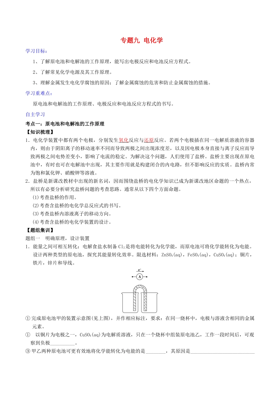 高考化学二轮复习 专题09 电化学学案 鲁科版-鲁科版高三全册化学学案_第1页