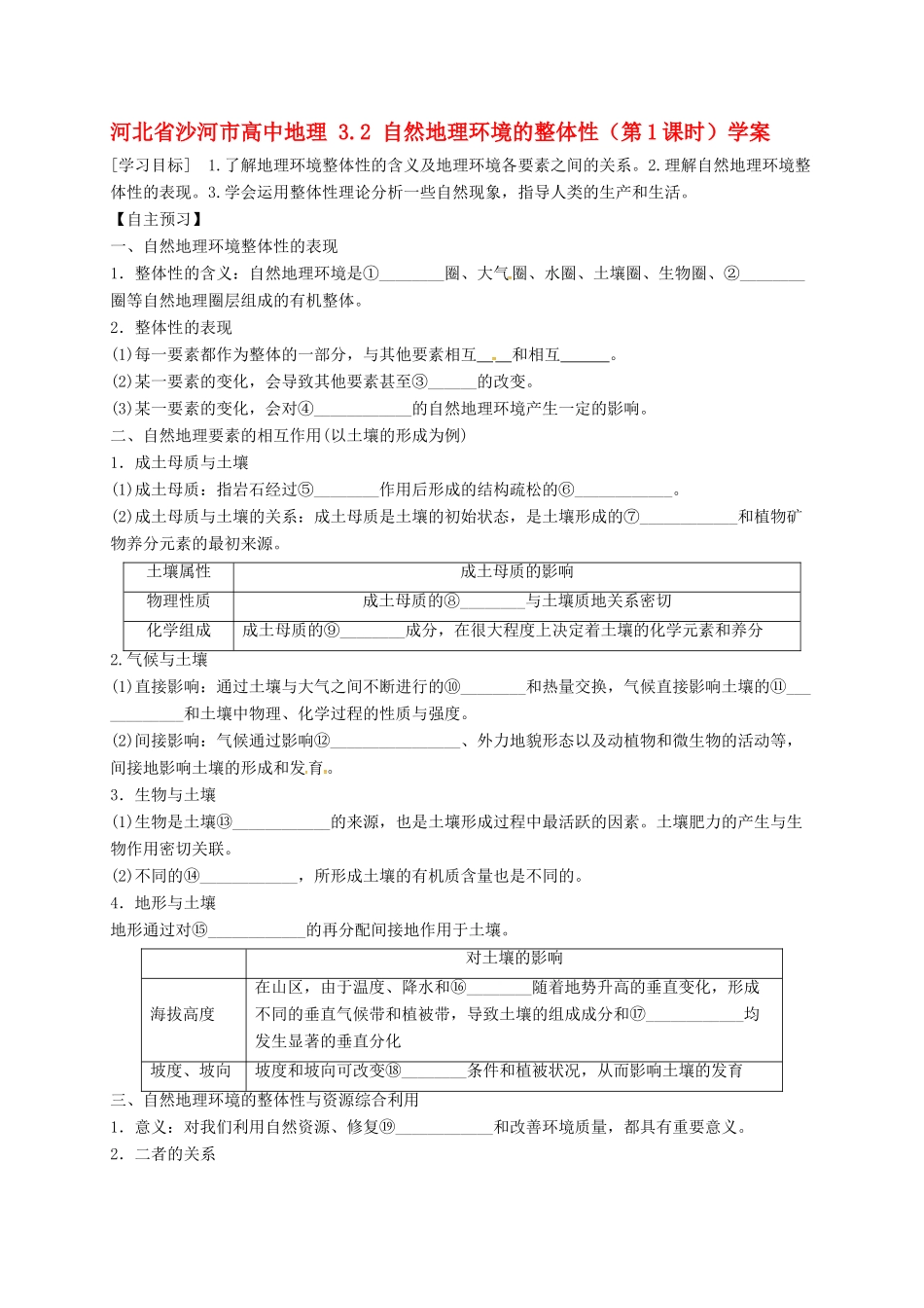 高中地理 3.2 自然地理环境的整体性（第1课时）学案（无答案） 湘教版必修1-湘教版高一必修1地理学案_第1页