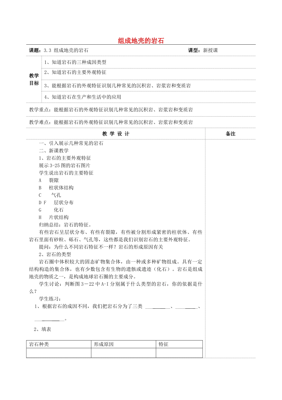 秋七年级科学上册 3.3《组成地壳的岩石》教案 浙教版-浙教版初中七年级上册自然科学教案_第1页