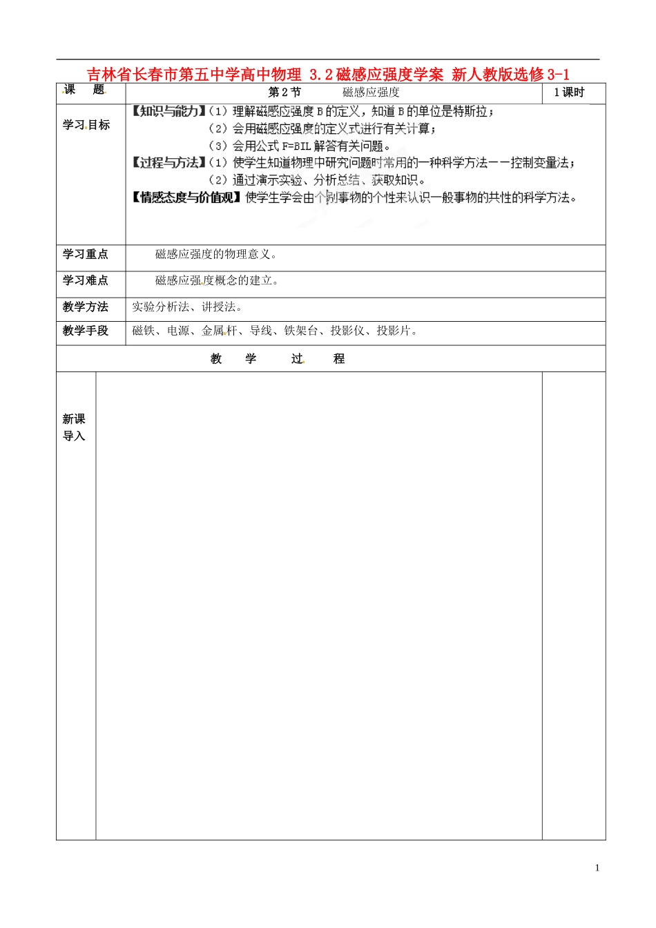 吉林省长春市第五中学高中物理 3.2磁感应强度学案 新人教版选修3-1_第1页