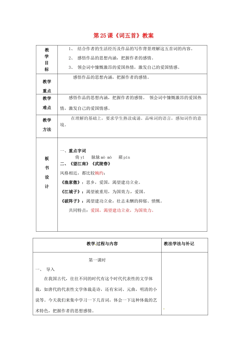 山东省临沂市费城镇初级中学九年级语文上册 第25课《词五首》教案 新人教版_第1页
