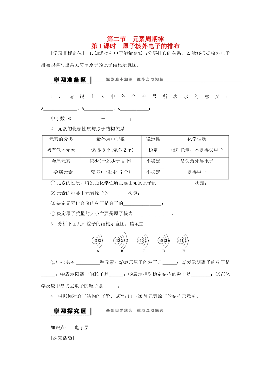 高中化学 1.2.1原子核外电子的排布学案 新人教版必修2-新人教版高一必修2化学学案_第1页