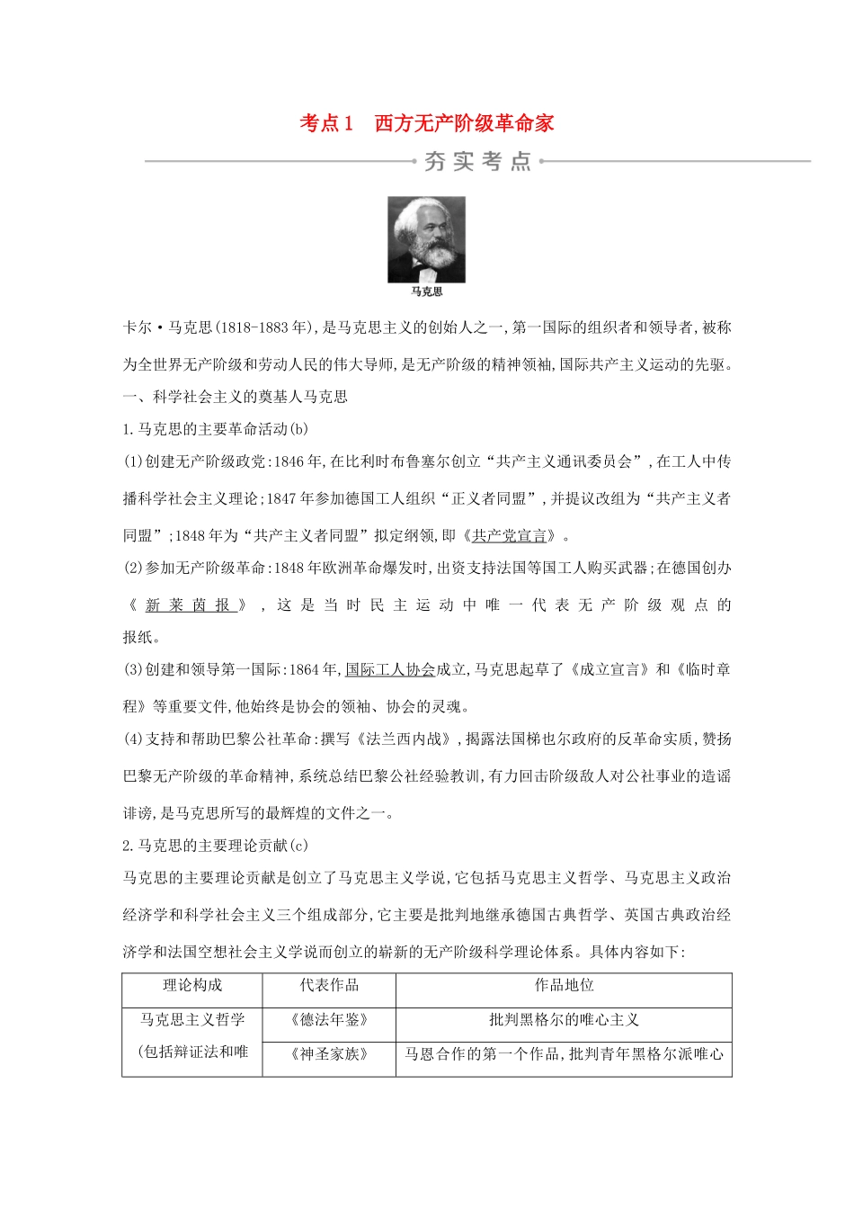 高考历史一轮复习 专题十六 中外杰出的无产阶级革命家和科学家 考点1 西方无产阶级革命家导学案 人民版-人民版高三全册历史学案_第1页