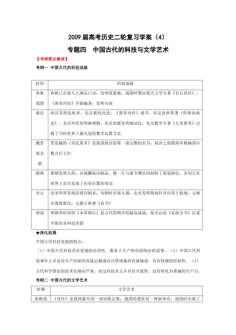 高考历史二轮复习学案（4）中国古代的科技与文学艺术_第1页