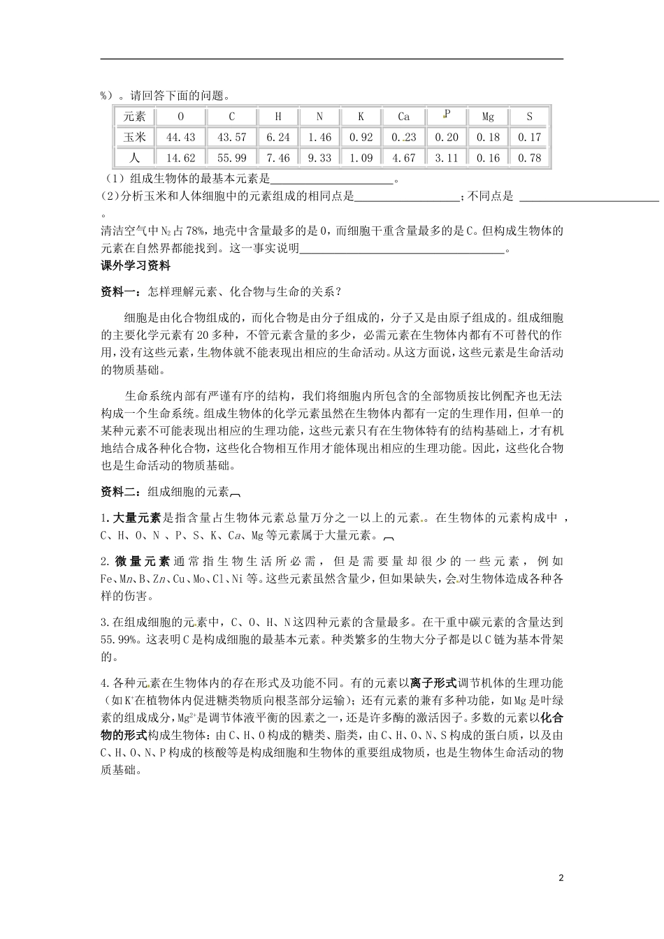 河北省邯郸四中高二生物《2.1元素化合物》学案_第2页