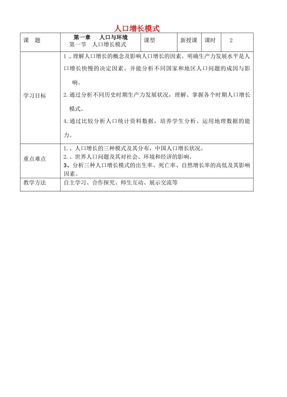 高中地理 1.1 人口增长模式导学案 湘教版必修2-湘教版高一必修2地理学案_第1页