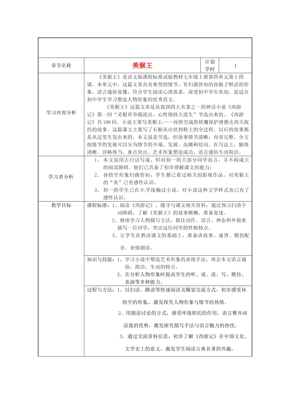 云南省大理市喜洲镇第一中学七年级语文《美猴王》教学设计_第1页