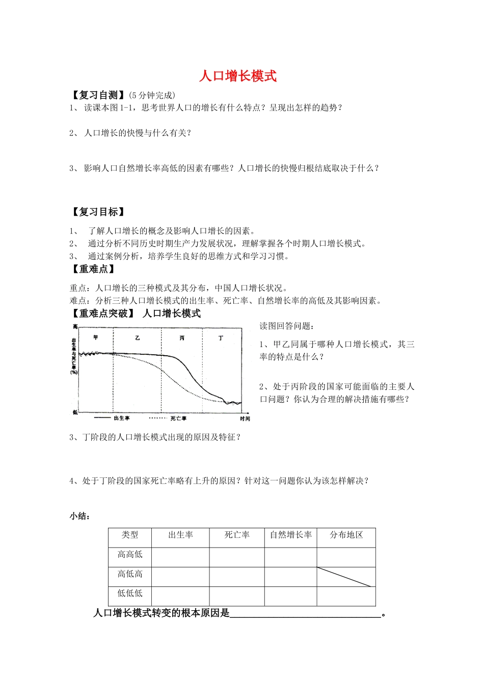 高一地理期中复习学案系列——人口增长模式 湘教版必修2_第1页