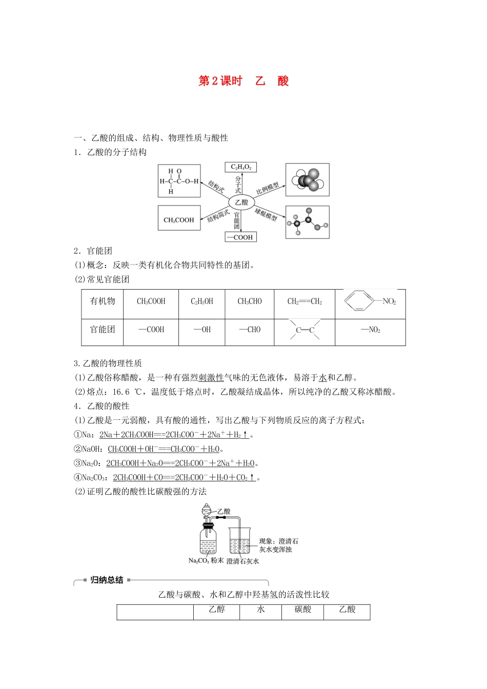 高中化学 专题3 有机化合物的获得与应用 第二单元 食品中的有机化合物 第2课时 乙酸学案 苏教版必修2-苏教版高一必修2化学学案_第1页