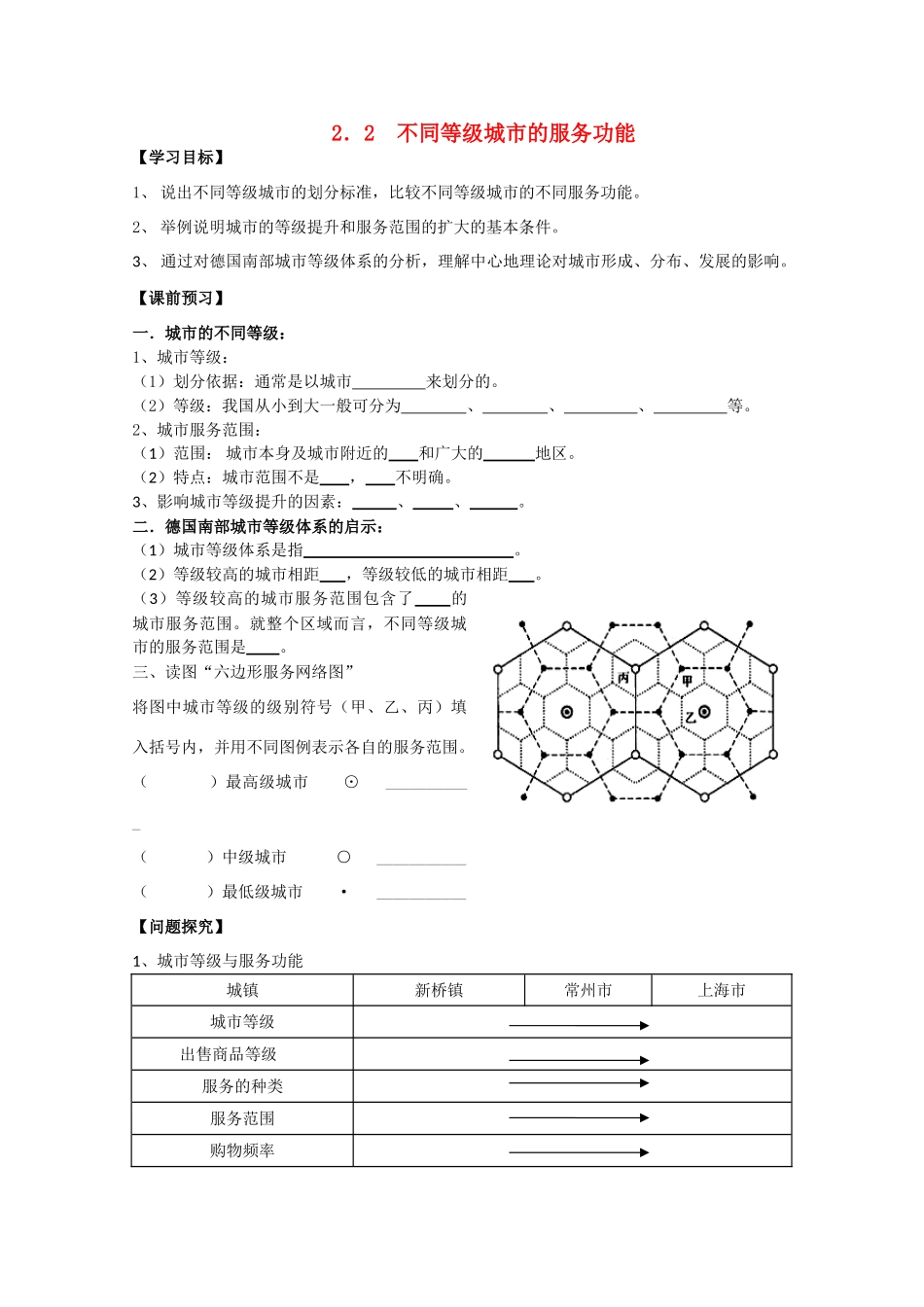 高一地理 2.2不同等级城市的服务功能  学案 中图版_第1页