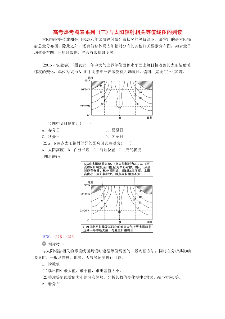 高考地理一轮复习 第一部分 第二单元 行星地球 高考热考图表系列（三）与太阳辐射相关等值线图的判读学案-人教版高三全册地理学案_第1页